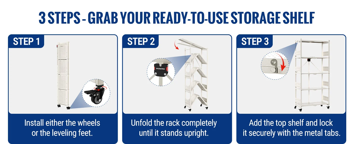 Storage shelf assembly steps shown in three panels, with wheels or leveling feet and metal tabs for secure locking