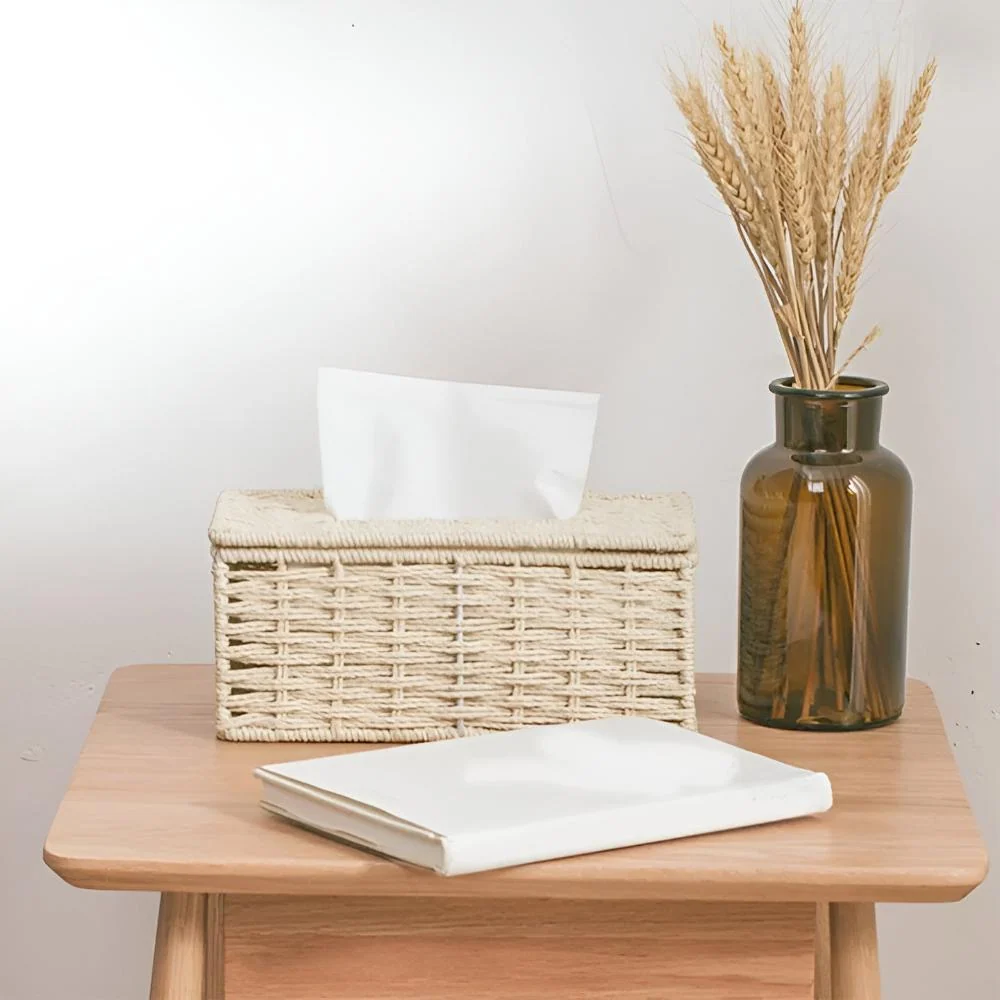 Tissue Box Handwoven Rattan With Leather Accents