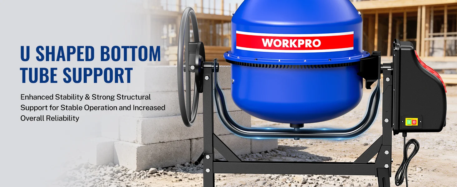 Blue concrete mixer drum on a black stand, with WORKPRO label and visible cables in an outdoor yard