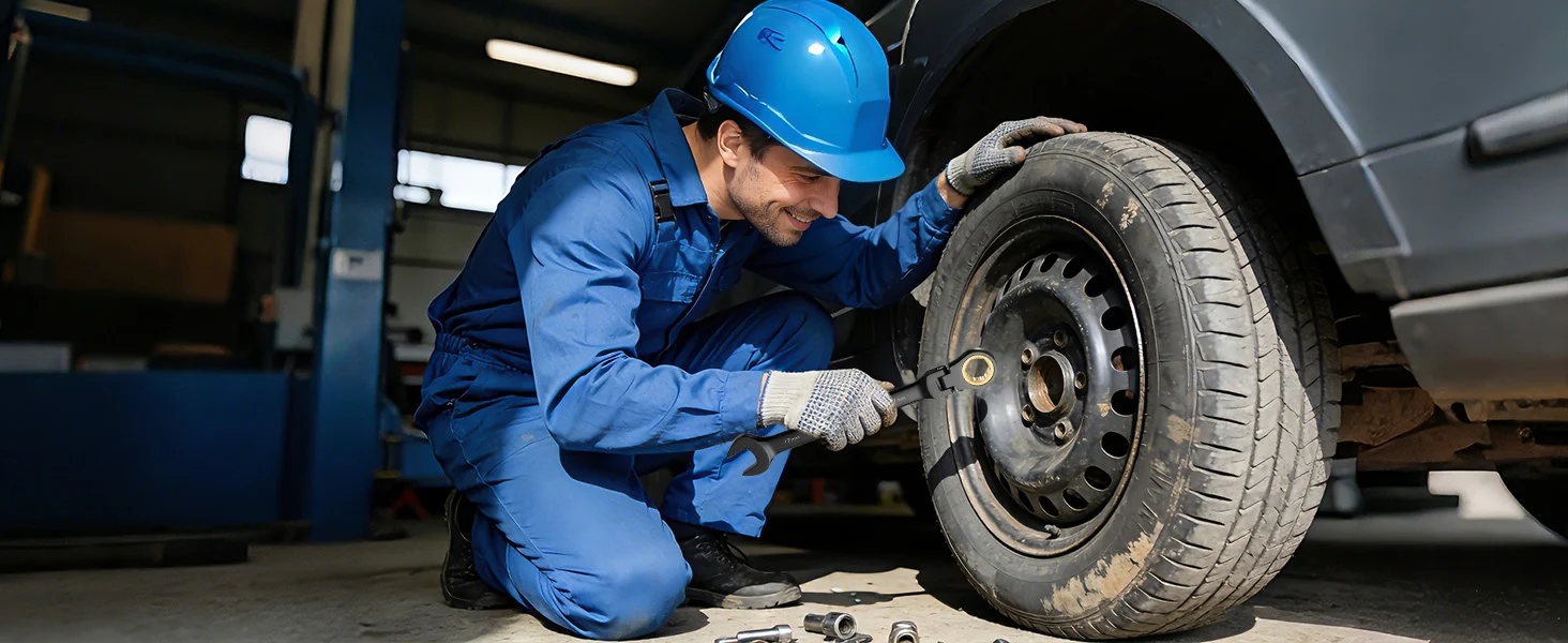 Mechanic in blue coveralls and gloves inspects a car wheel in a garage, showing innovation and quality