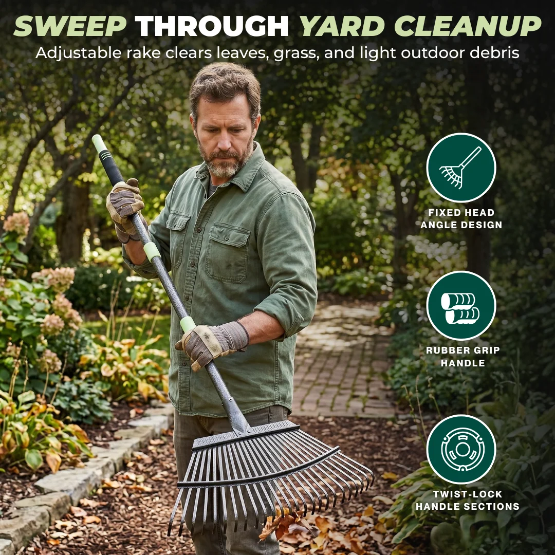 Adjustable 25-Tine Steel Garden Leaf Rake with Extendable Handle