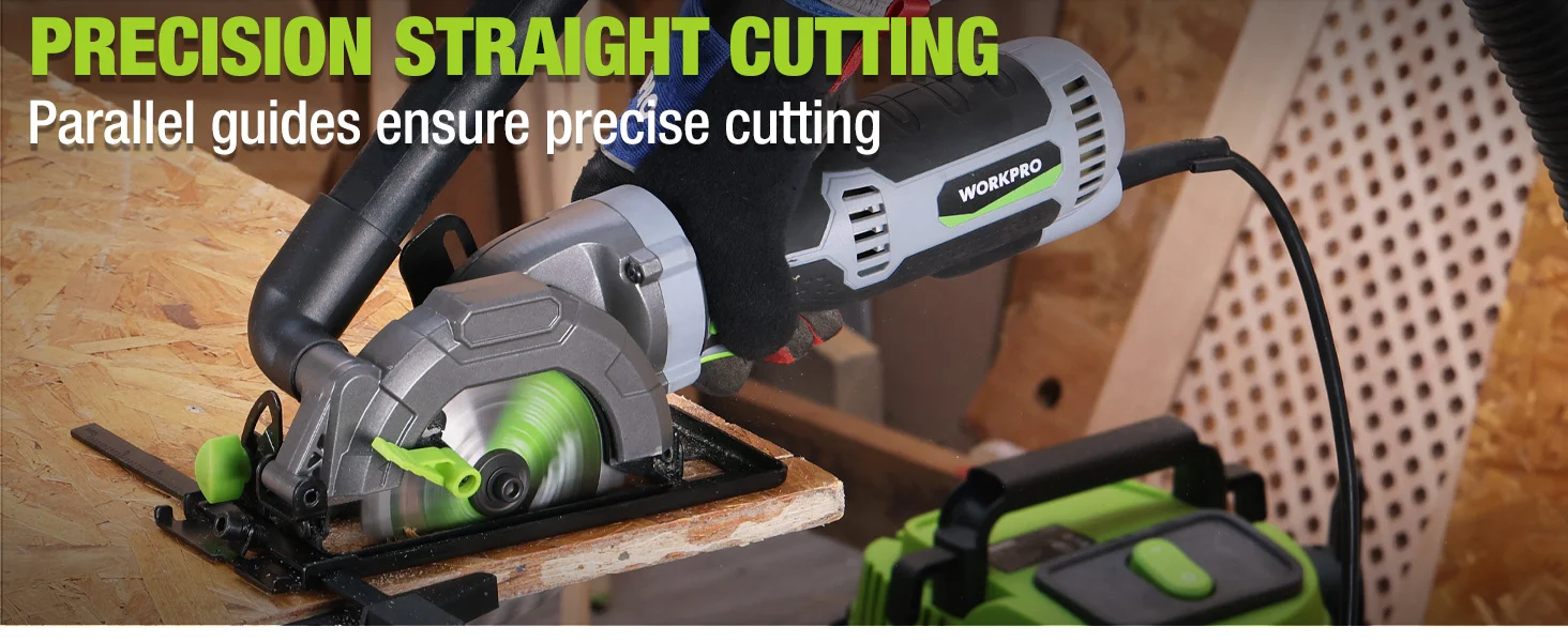 Circular saw cutting wood on a workbench, with innovation and quality text overlay and a green power tool body