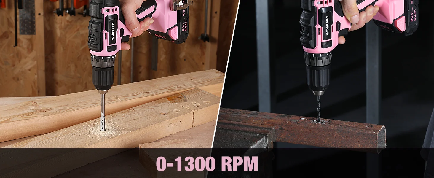Power drill with pink and black body drilling into wood beams, showing 0 to 1300 RPM speed