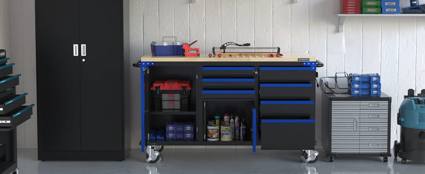 Workshop tool cabinet with blue drawers and shelves, hand tools and supplies on a clean white wall