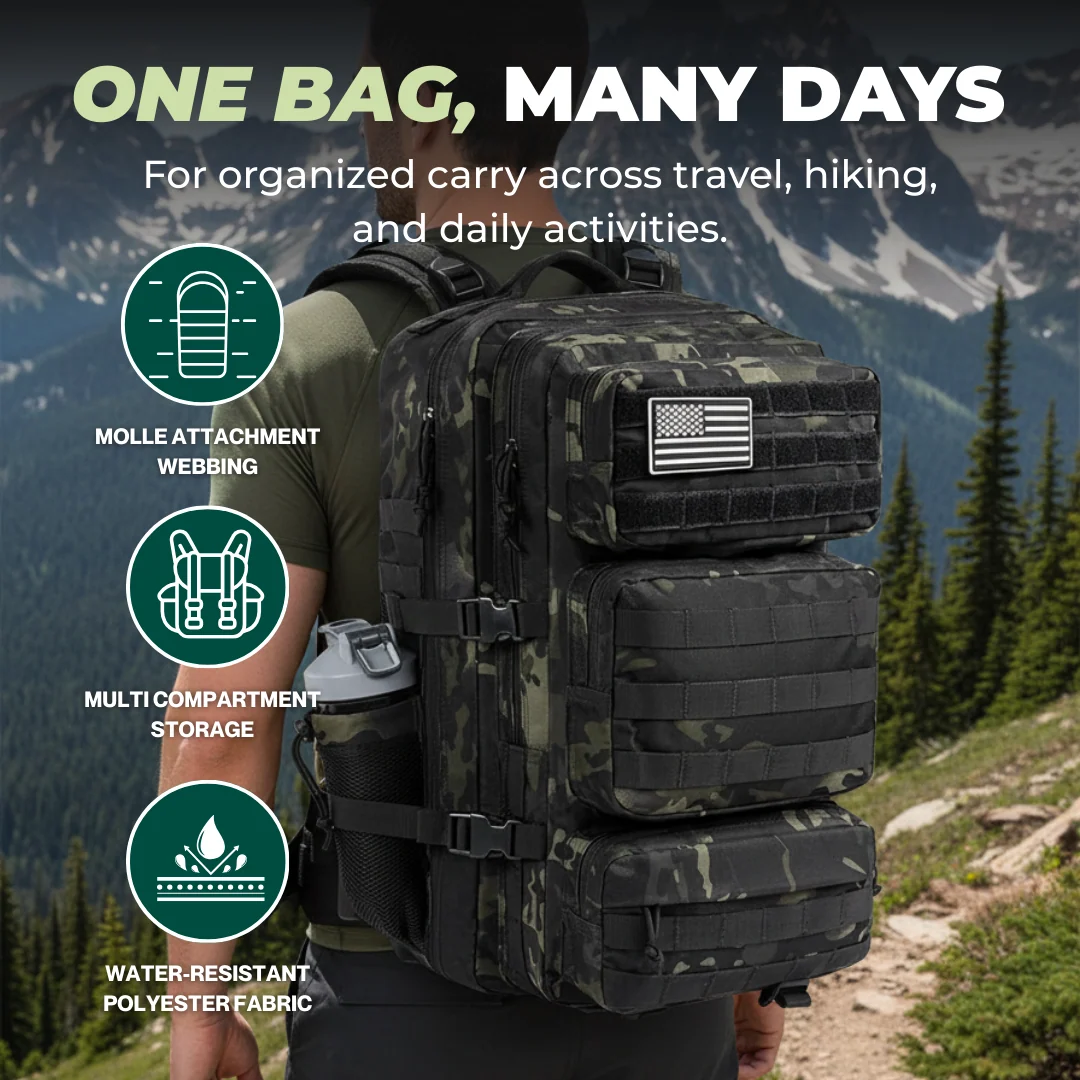 Tactical Backpack with MOLLE Storage and Multiple Compartments
