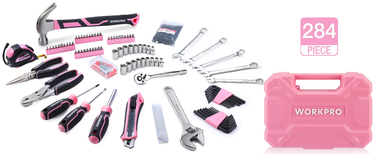 Workpro tool set with hammers, wrenches, sockets, screwdrivers, and innovation quality durable secure components