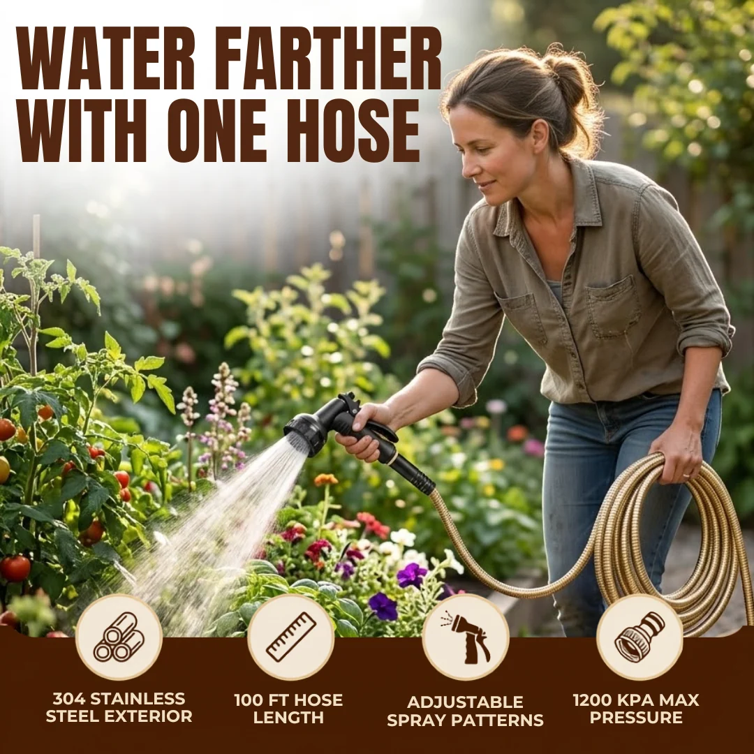100FT Stainless Steel Water Hose with 10 Function Nozzle System