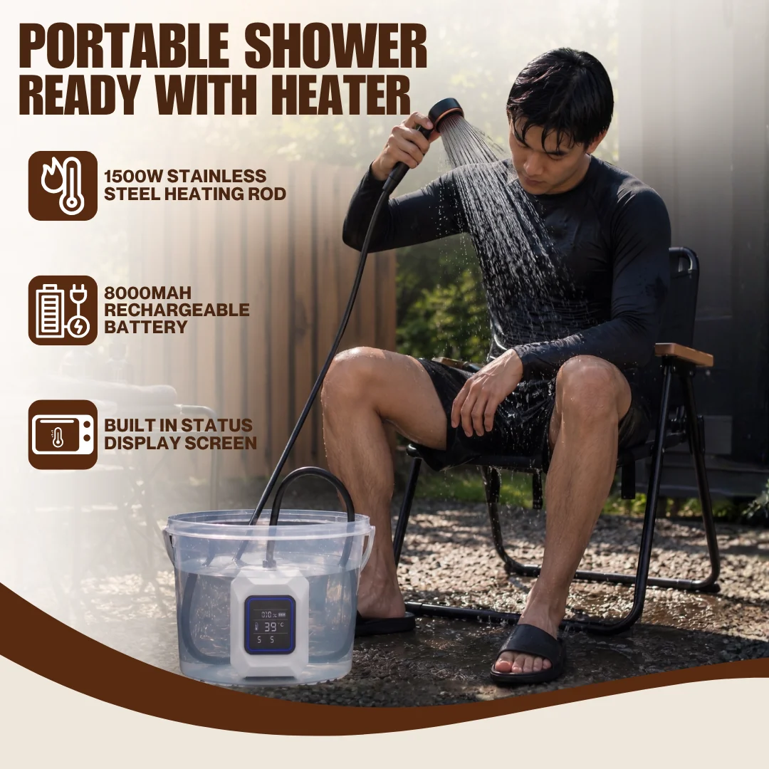 Portable Camping Shower Kit with 1500W Heater and 8000mAh Battery