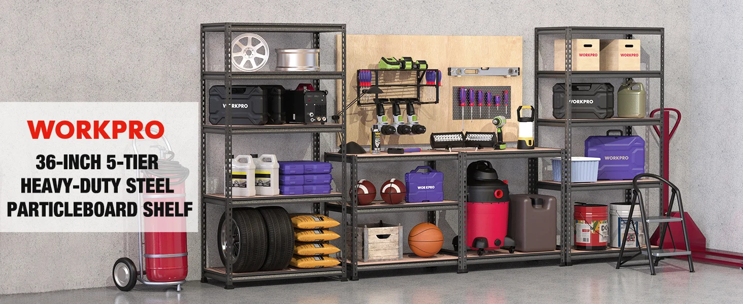 Steel workshop shelving unit with labeled bins and tools, showing innovation and durable quality in a garage setting