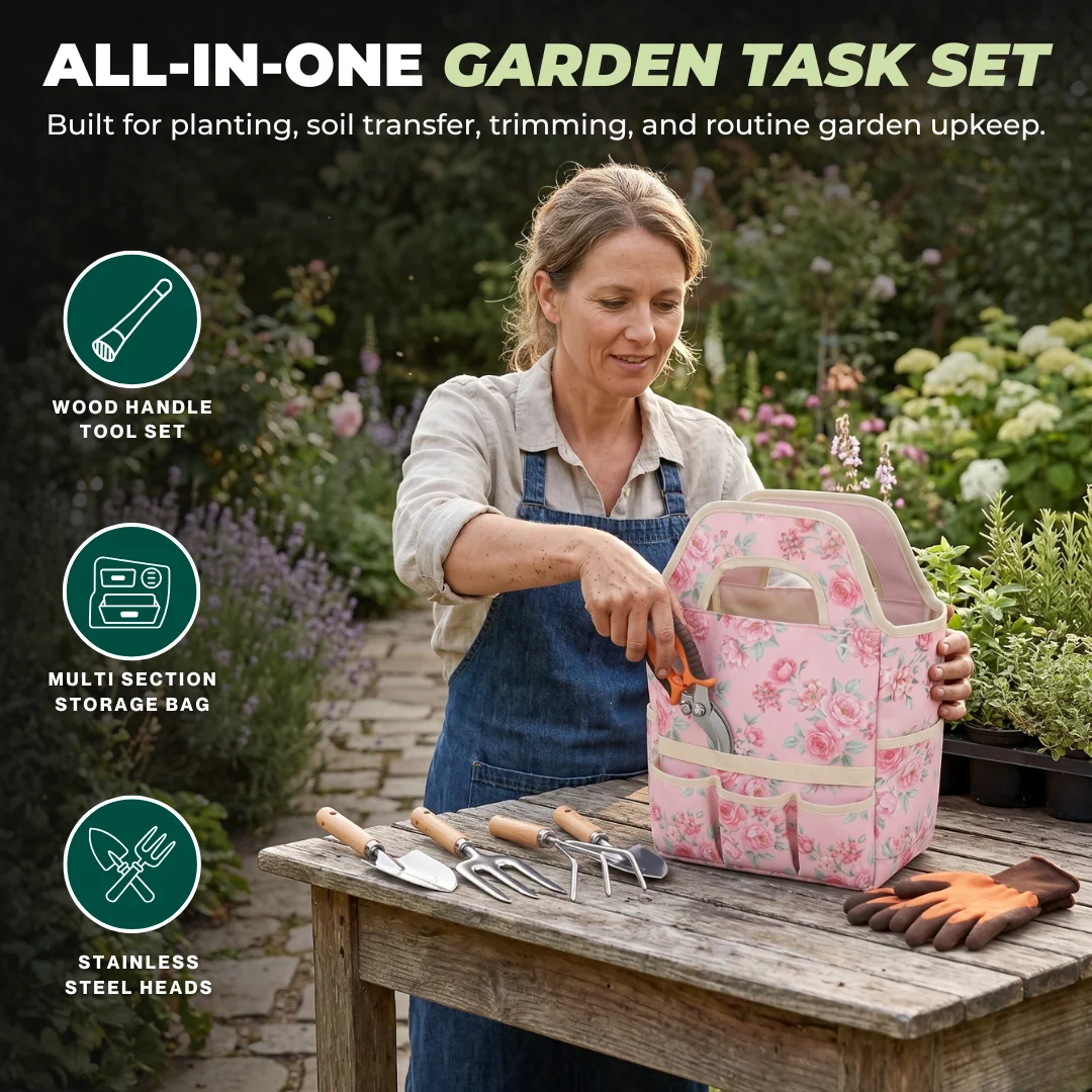 Stainless Steel Garden Tool Set with Tote Bag, 6 Piece Hand Tools