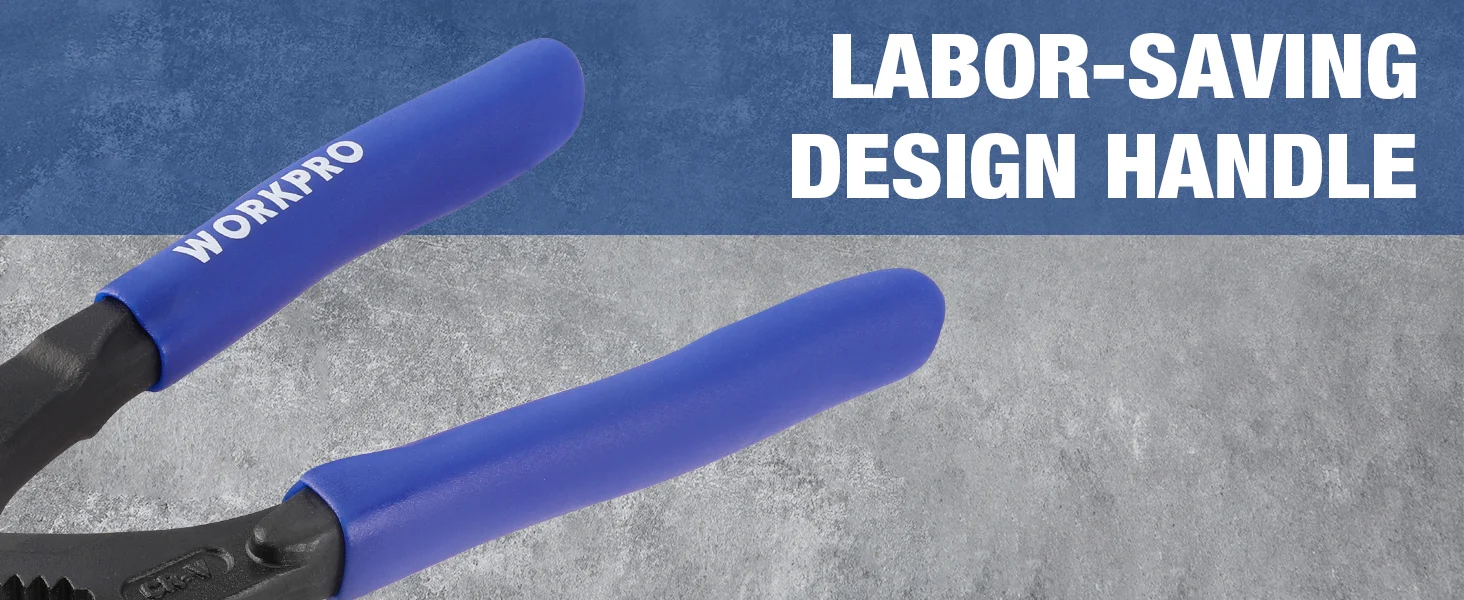 Blue and black workpro design handle tool grips on concrete, with innovation and quality in durable material