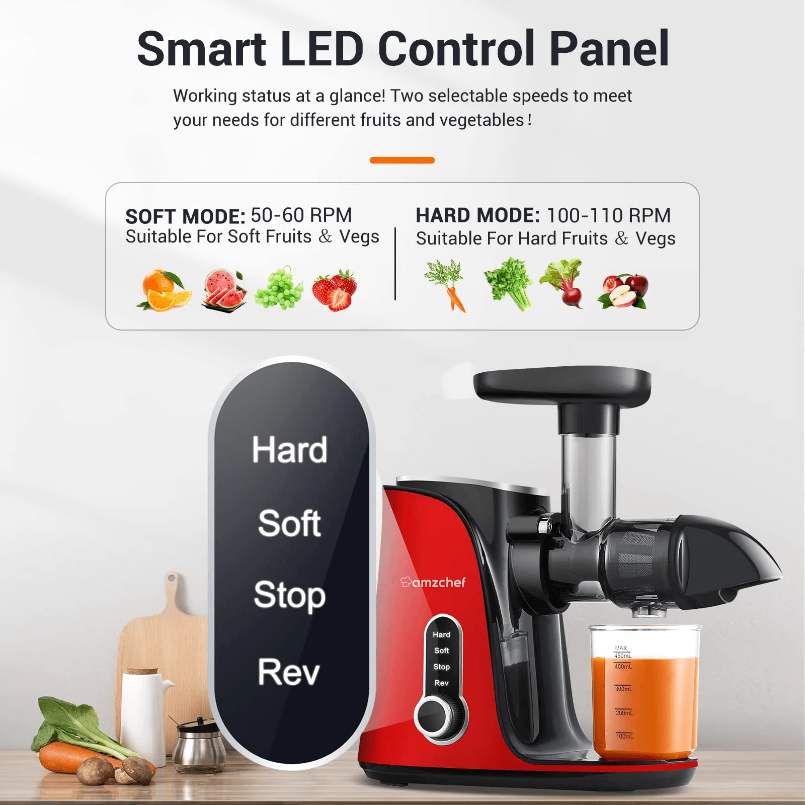 AMZCHEF Cold Press Juicer with Two Speed Modes GM3001 Red 2