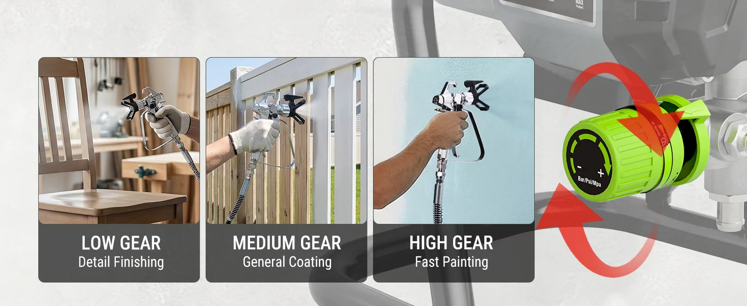 Paint sprayer settings panel showing low gear medium gear and high gear, with innovation and quality cues