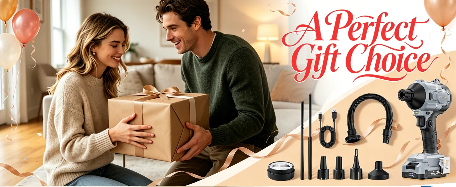 Couple on a sofa holding a wrapped gift box with balloons, with a power tool and accessories shown