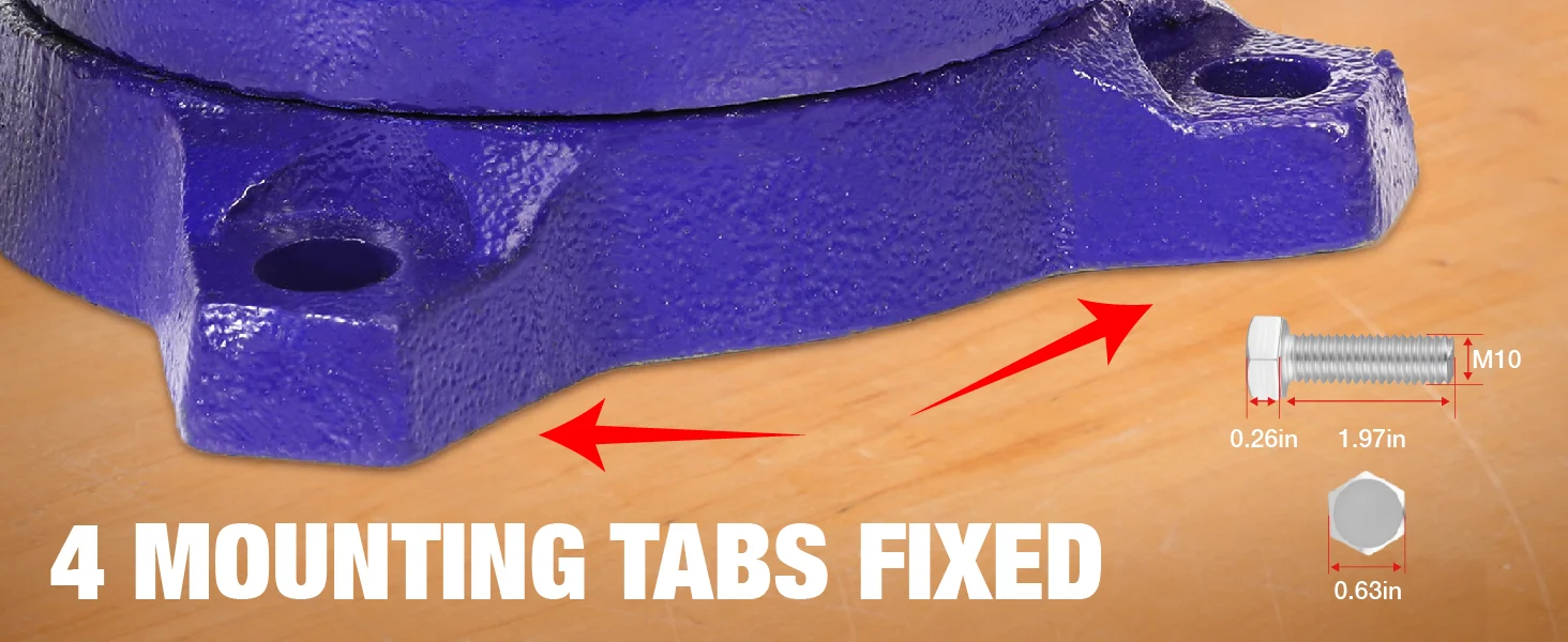 Blue metal mounting tab fixed with a M10 bolt, showing hole alignment and measured dimensions in inches