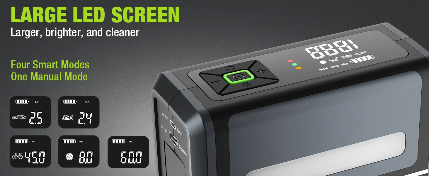 Portable air compressor with digital screen and control panel, showing four smart modes and manual mode