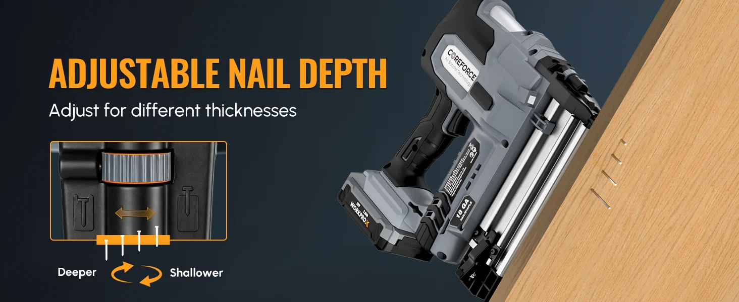 Nail gun with adjustable depth setting, showing deeper and shallower arrows, with innovation and quality