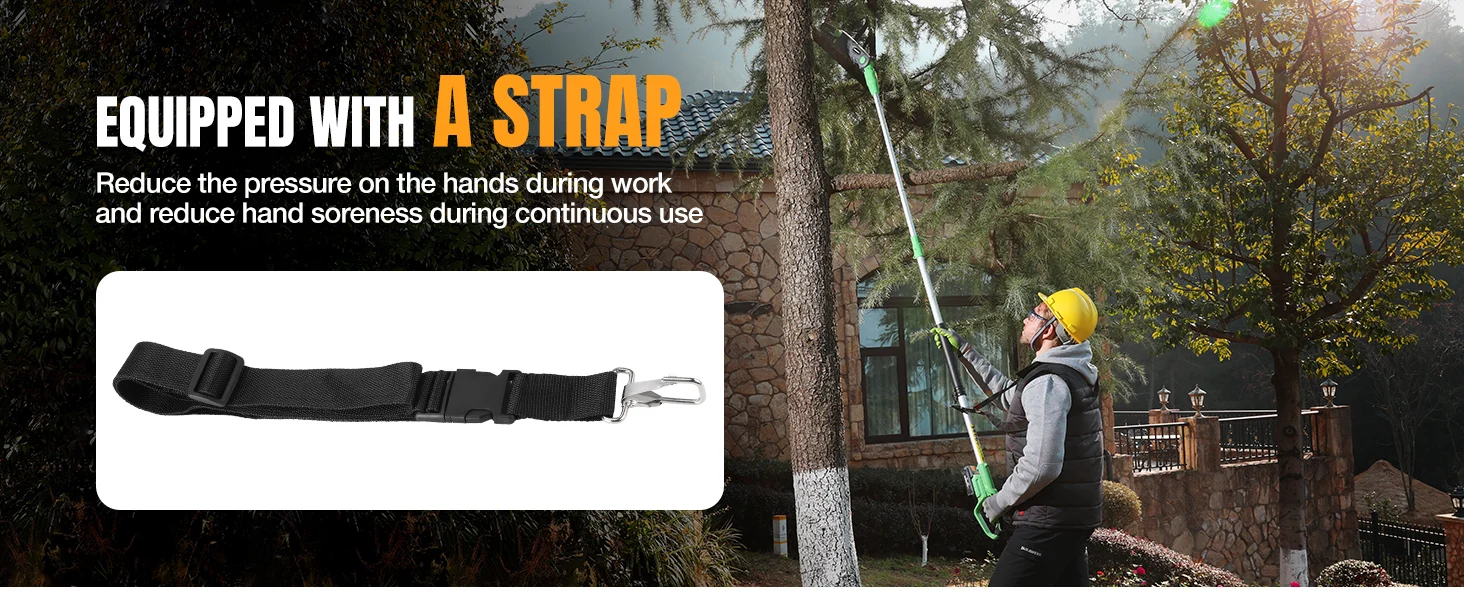 Strap with metal buckle and loop, shown on a work tool in a yard with trees and a worker