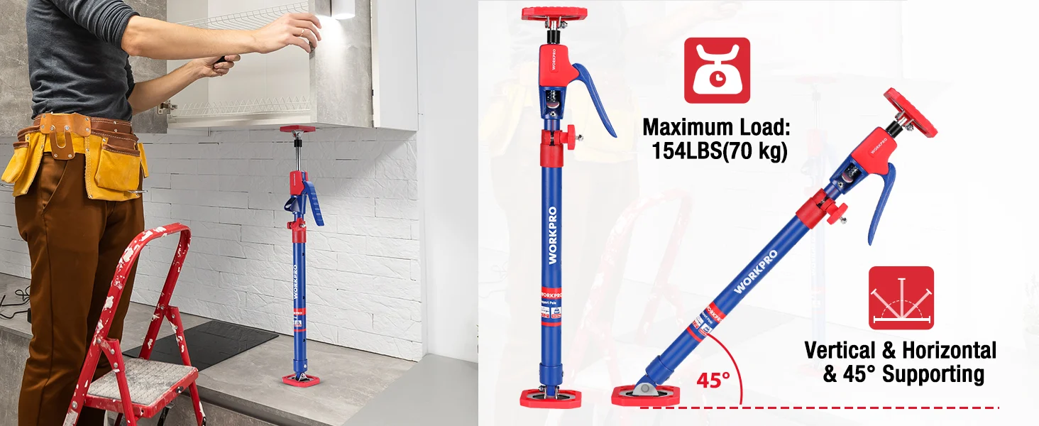 Worker uses a red and blue jack stand with a red base, showing vertical and horizontal support angles