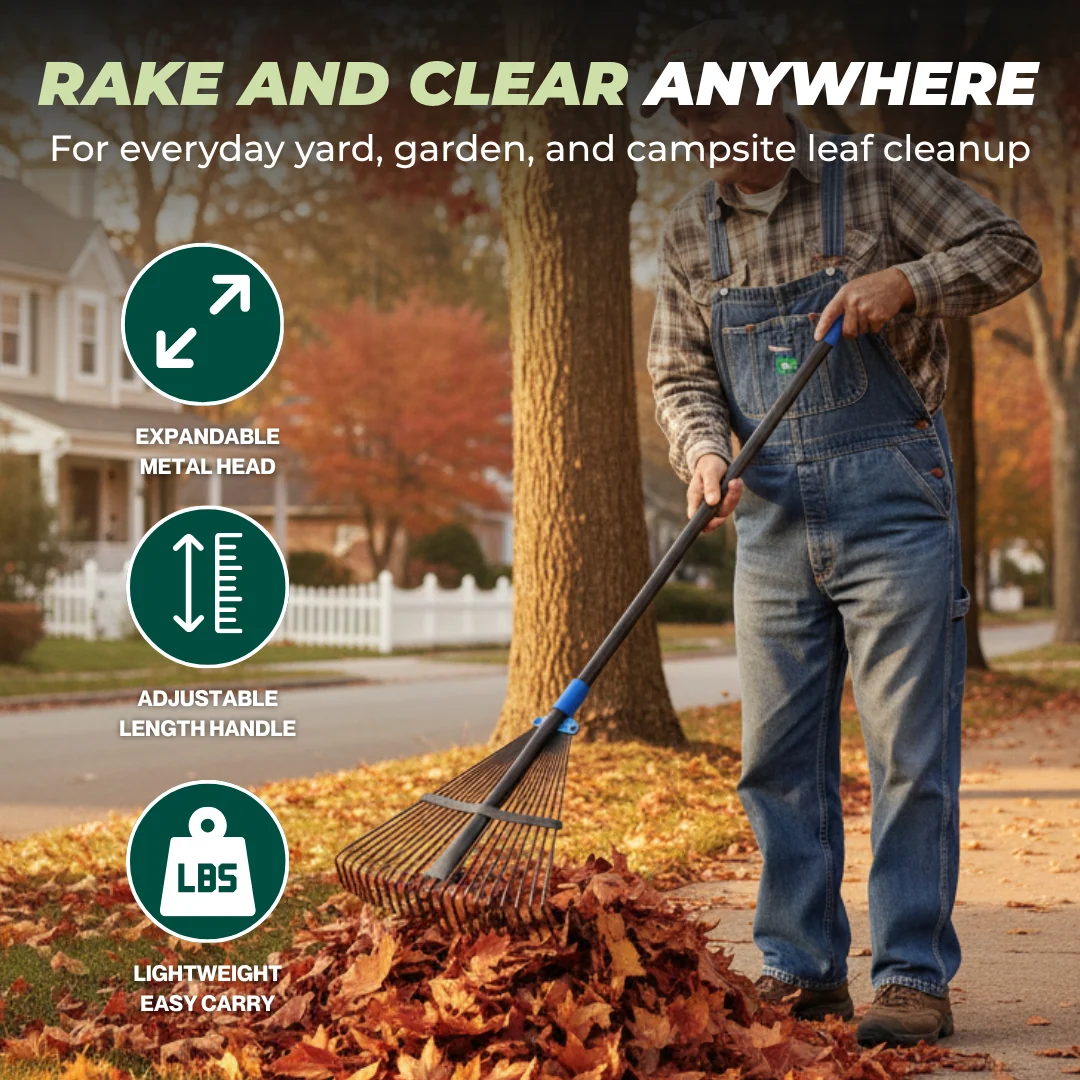 Adjustable Metal Leaf Rake with Expandable Head for Yard and Camping