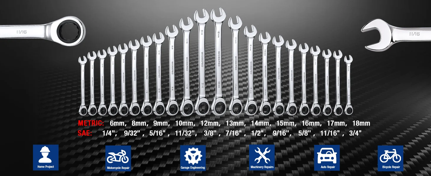 Set of metric and SAE wrenches with chrome heads and carbon fiber handles, showing innovation and quality