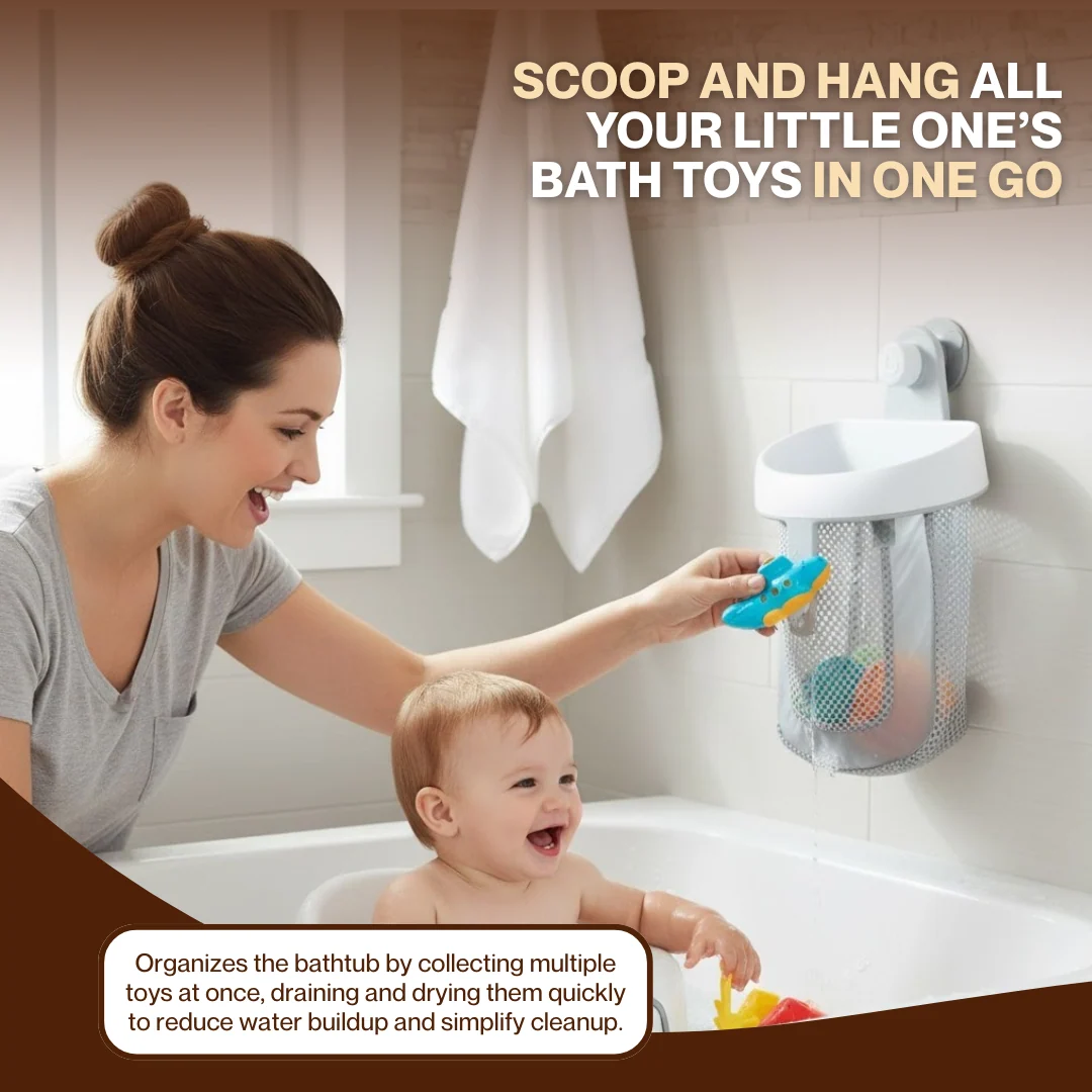 Hanging Bath Toy Storage with Quick-Dry Mesh and Large Scoop, Grey