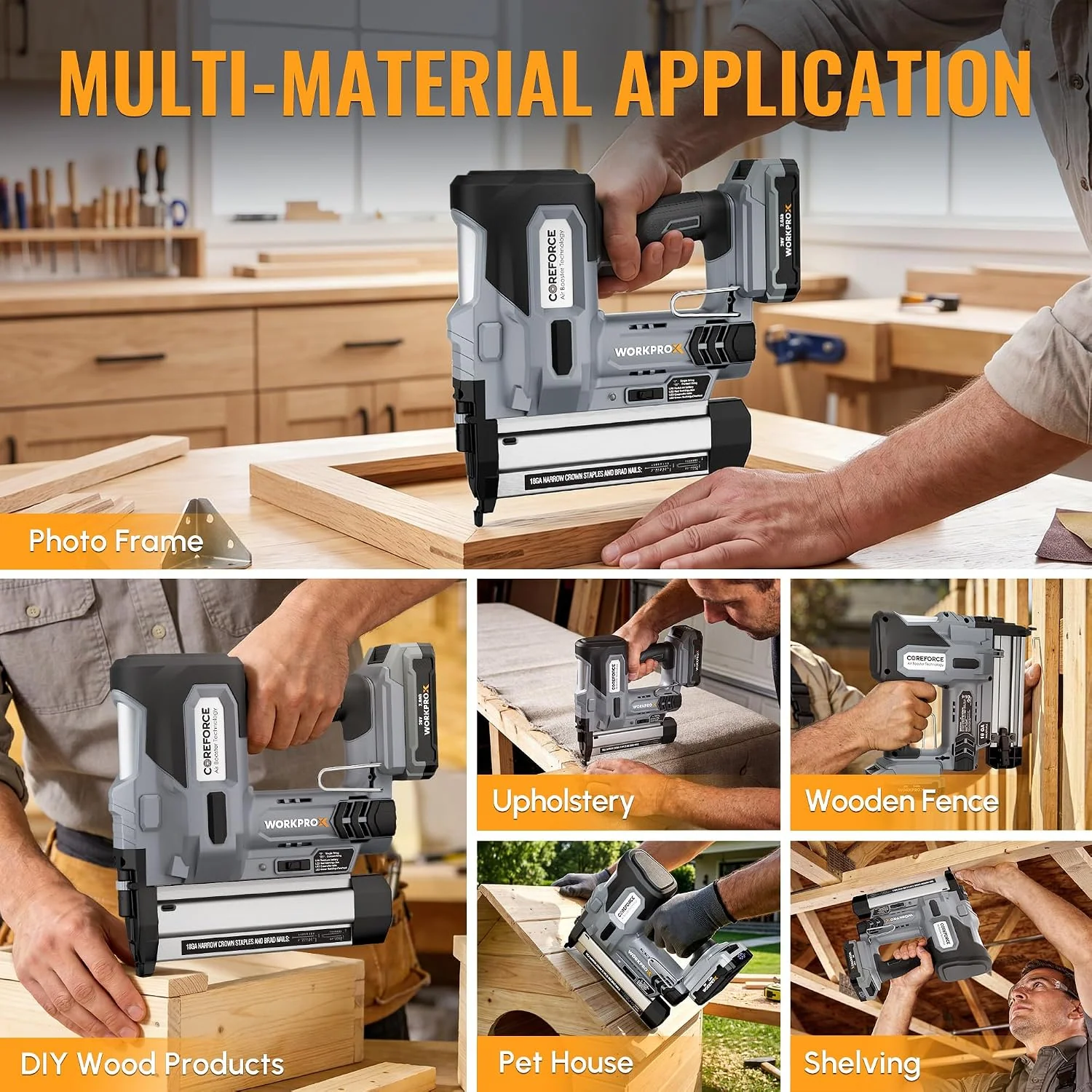 WORKPROX 20V Cordless Brad Nailer Kit, 18 Gauge 2-in-1 Nail & Staple Gun with 2.0Ah Rechargeable Battery, 1000 Staples & 1000 Nails, for Woodworking, Upholstery, DIY Projects & Home Improvement - Image 9