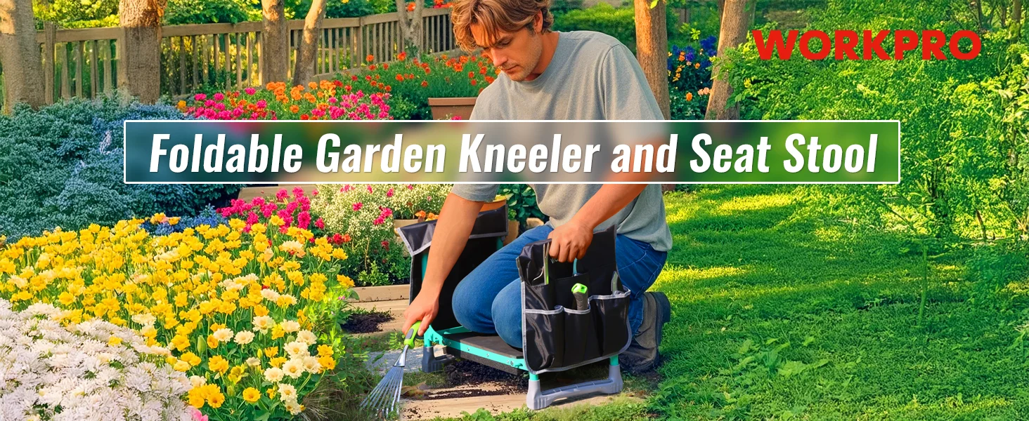Garden kneeler and seat stool in a flower bed, with innovation and quality shown in the scene