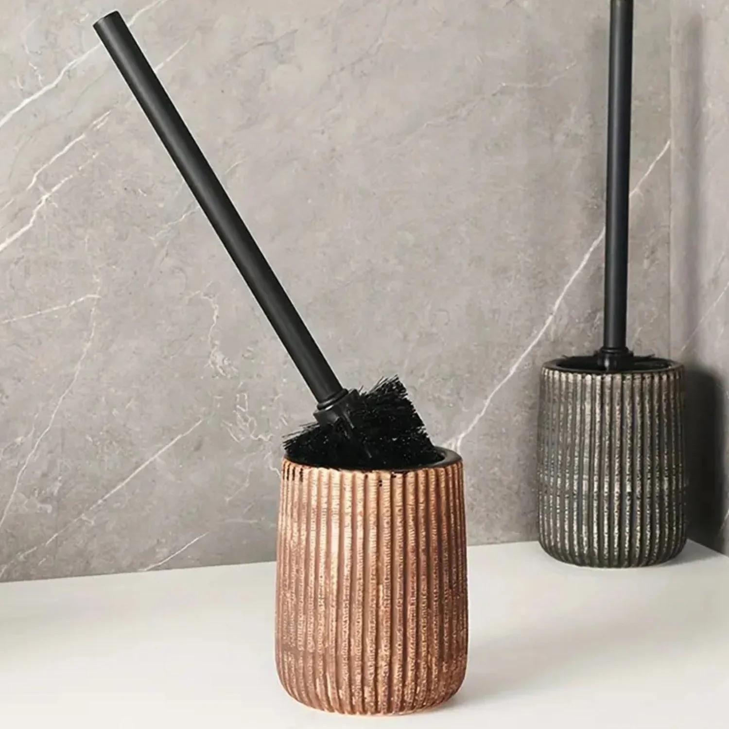 Toilet Brush & Holder Ribbed Ceramic Floor-Mounted