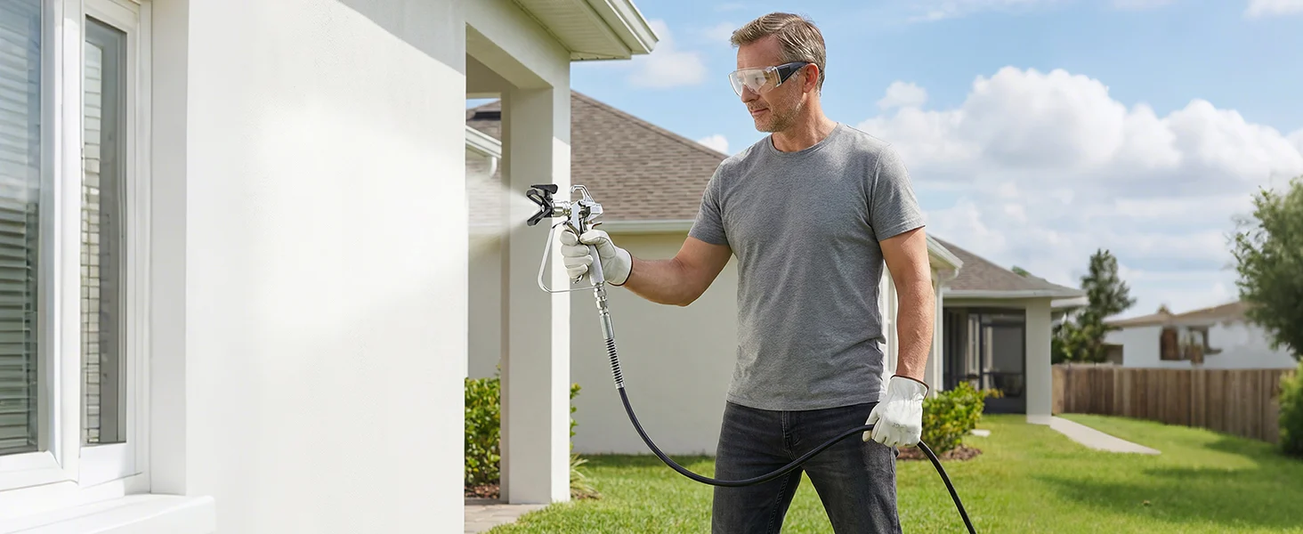 A man wearing gloves and safety glasses uses a pressure washer on a house exterior, with a secure hose connection