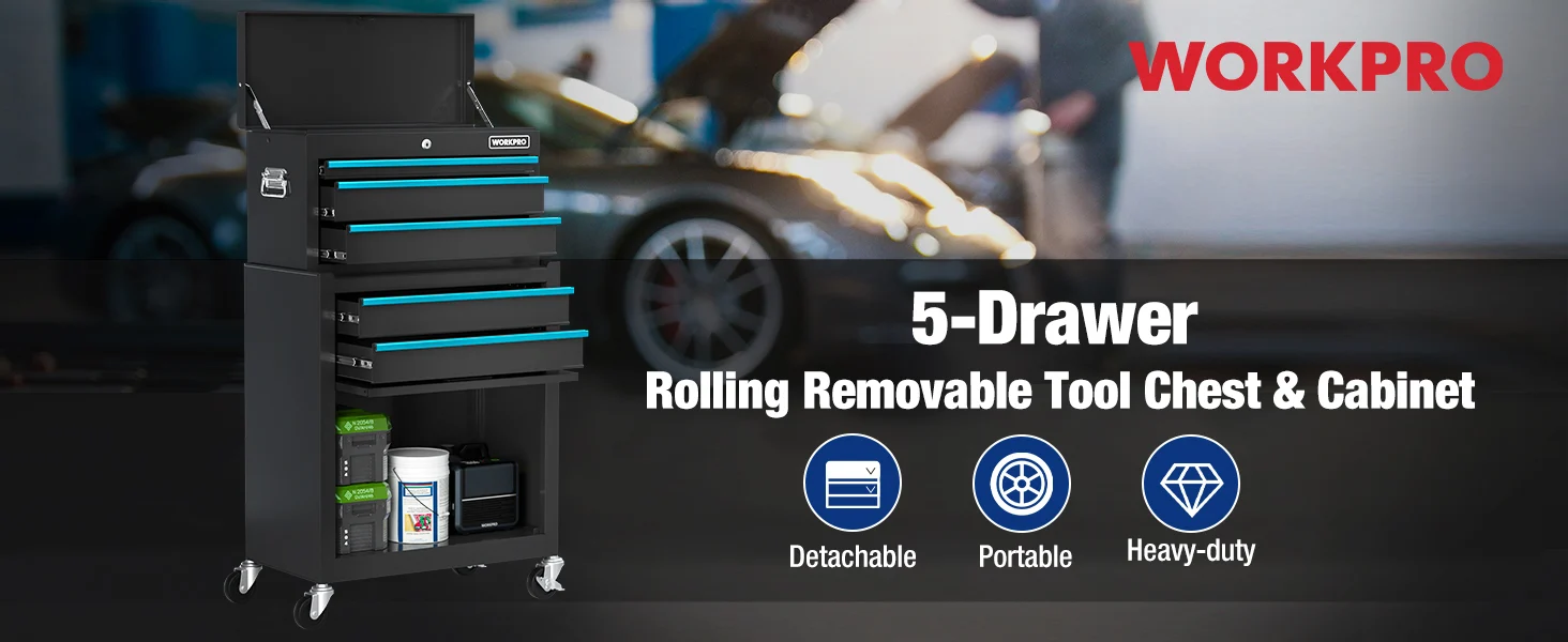 5-drawer rolling tool chest and cabinet with detachable drawers, portable wheels, and heavy-duty design in black