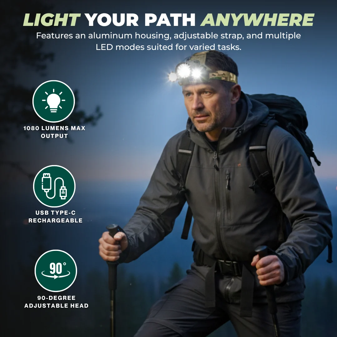 LED Headlamp with Adjustable Beam, Red Light Mode, USB-C Rechargeable