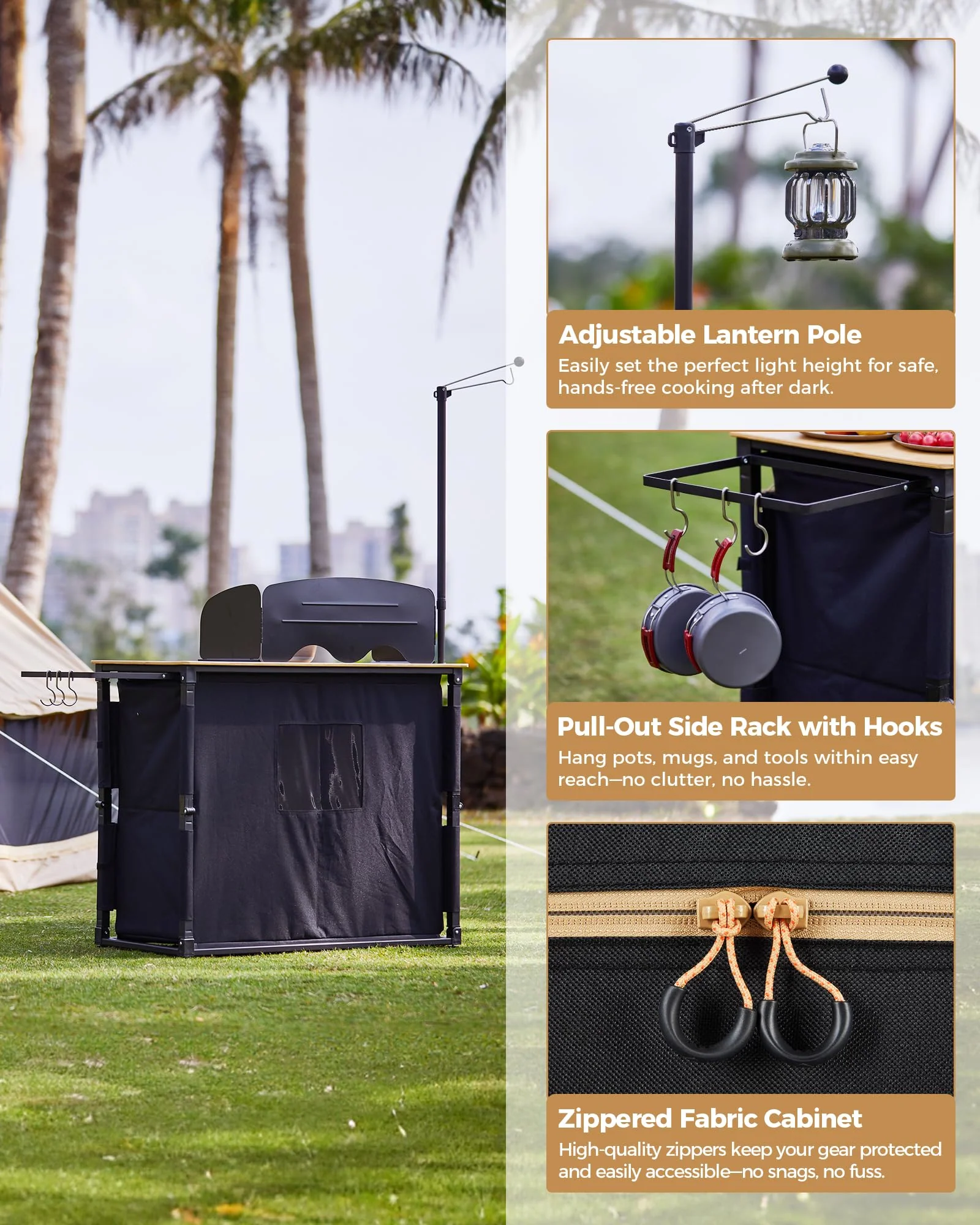 KingCamp Bamboo Camping Kitchen Table with Lantern Stand