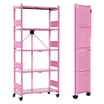 WORKPRO 5-Tier Folding Shelf, No-Assembly Metal Storage Rack with Wheels, 750 lbs Capacity (with Leveling Feet), Collapsible Shelving Unit for Kitchen, Pantry, Closet & Craft Shows - Pink