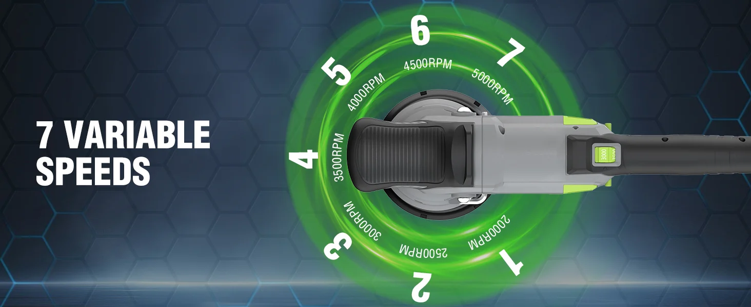 Electric power tool with a circular speed dial showing 2000RPM to 5000RPM, with innovation and quality
