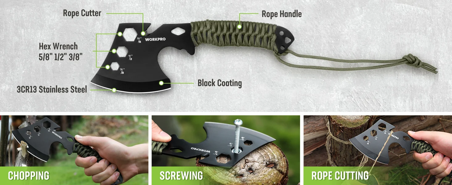 Multi tool axe with rope handle and black coating, showing rope cutter, hex wrench, and stainless steel blade