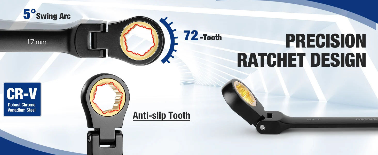 Ratchet wrench with 5 degree swing arc, 72 tooth mechanism, and anti slip tooth design for precision work