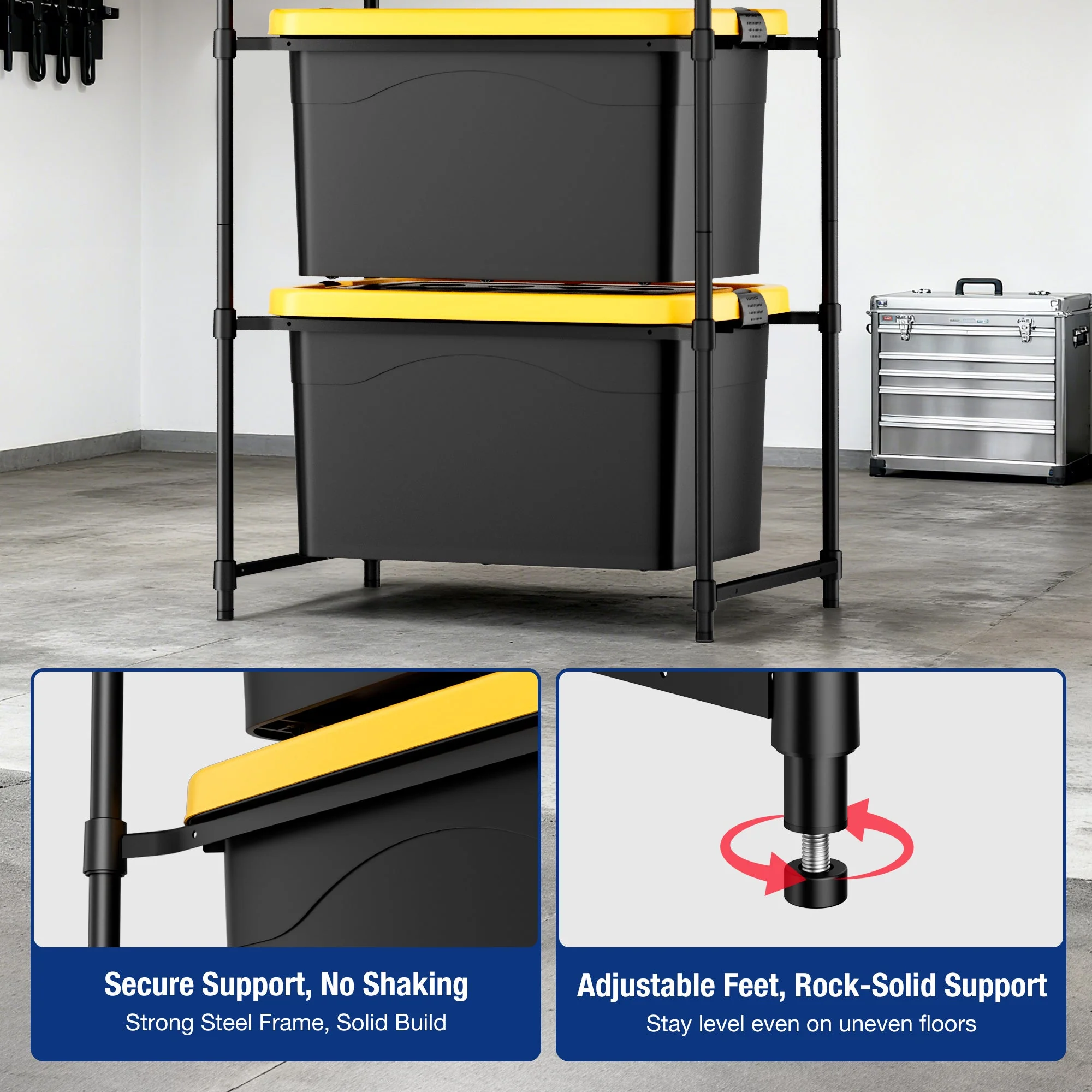 WORKPRO 2 Pack 250 LBS 5-Tier Bin Storage Rack for 27-Gallon Totes, Heavy Duty Metal Shelving Units for Garage, Basement, Pantry, Kitchen, Workspace, or Laundry Room, 30.5" x 22.5" x 69", Black - Image 8