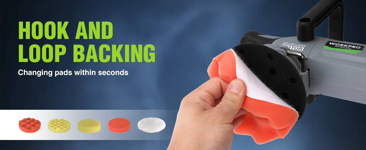 Hand holding an orange and black sanding pad on a power tool, with foam pad options and changing pads text