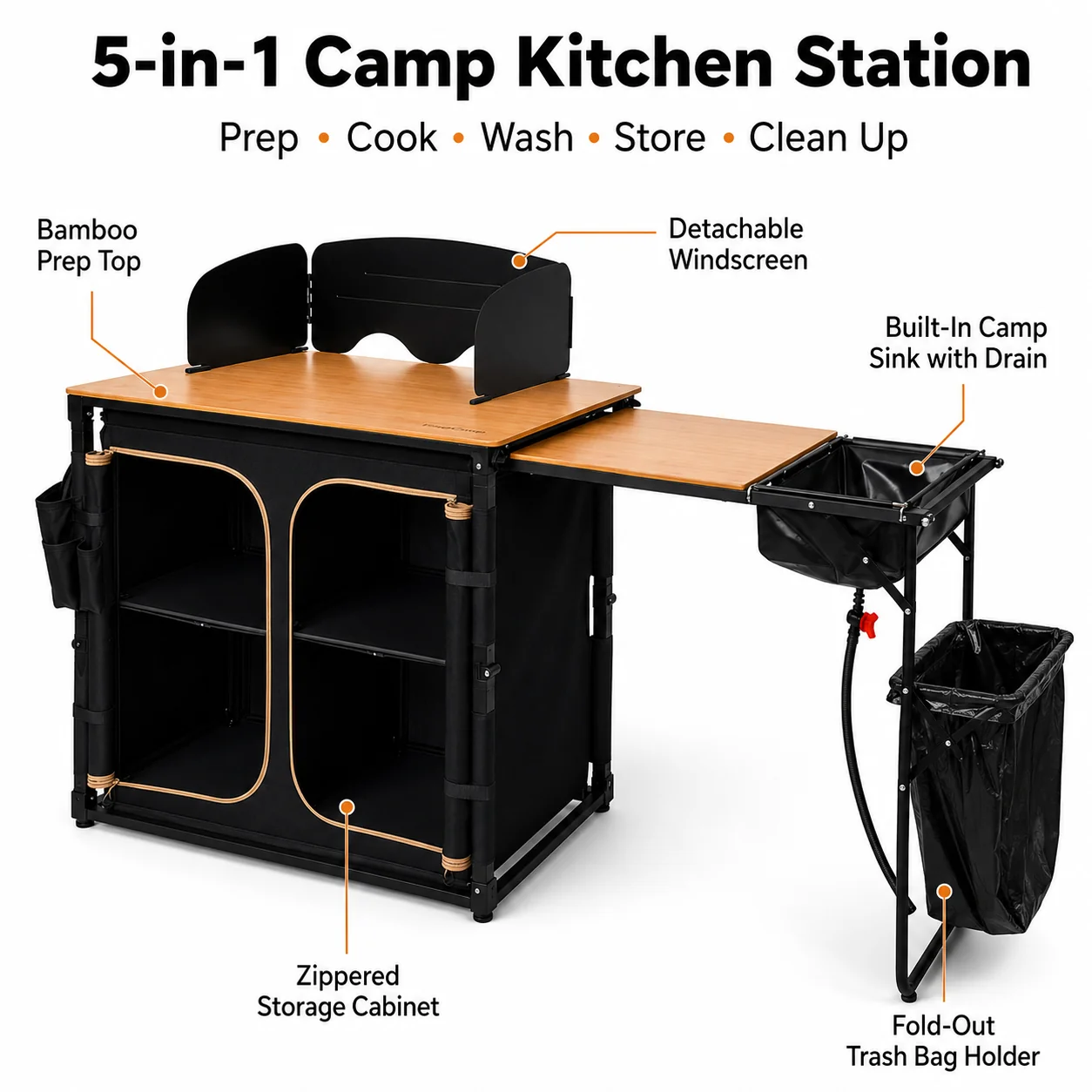 KingCamp BAMBOO PLUS Folding Camping Kitchen Table with Sink