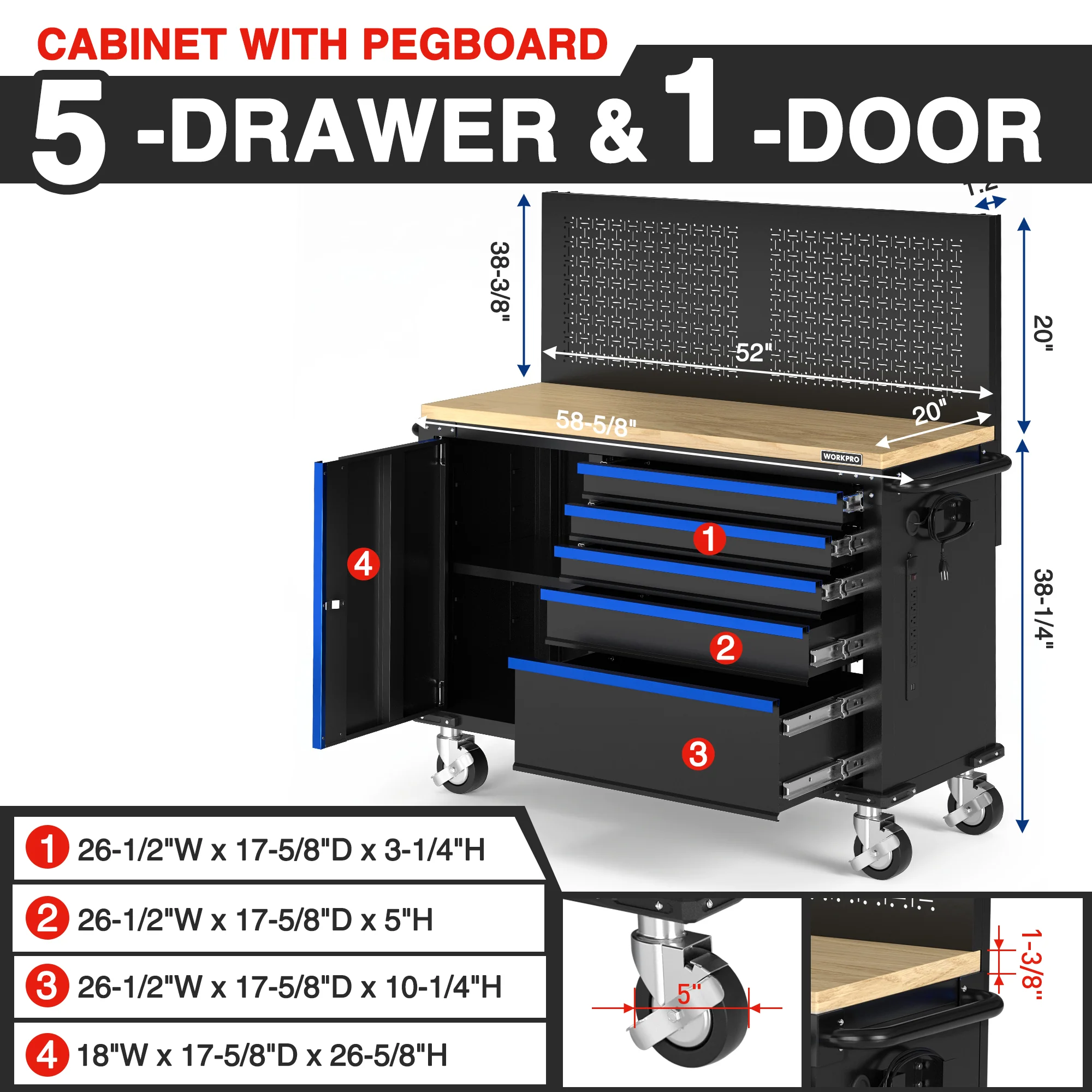 WORKPRO 52" x 20" Rolling Tool Chest with Pegboard, 5-Drawer & 1-Door - Image 3