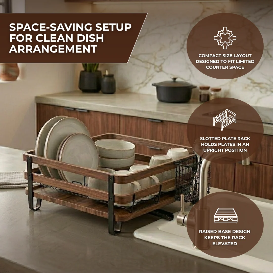 Countertop Dish Drying Rack with Utensils Holder and Drain Tray