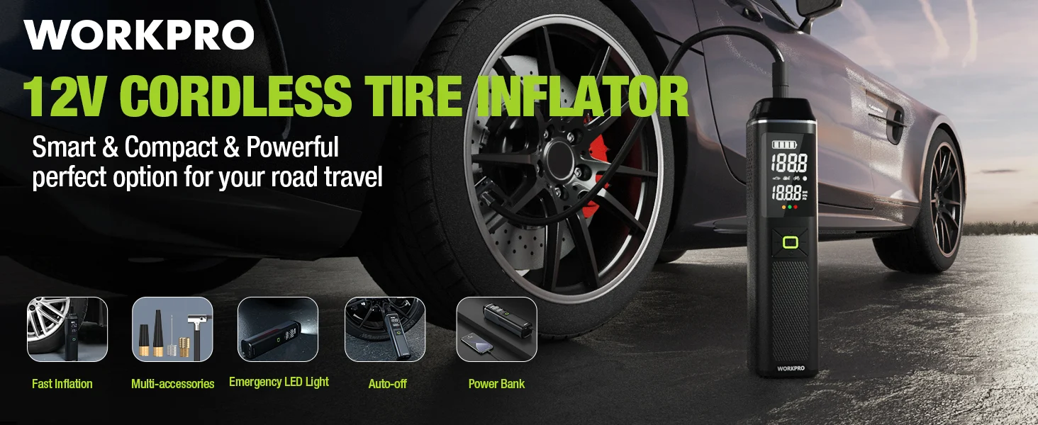 Car tire inflator with digital display and hose on a road background, with innovation and quality shown