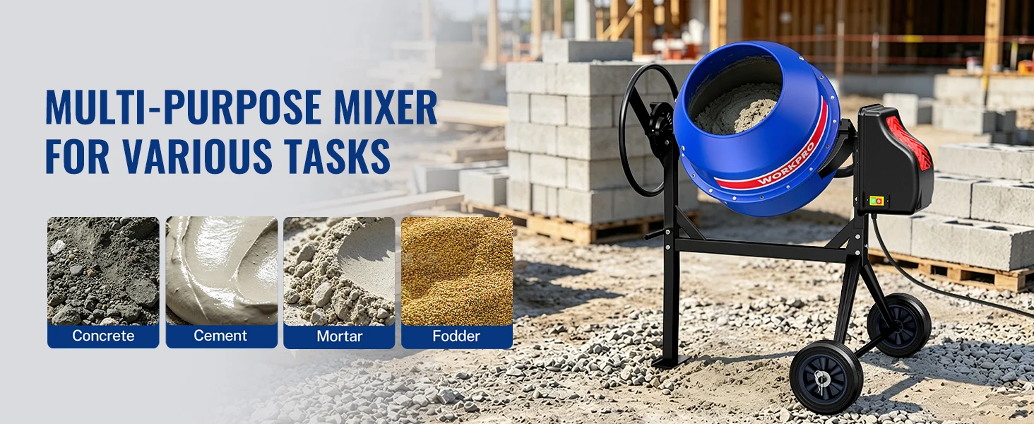 Innovation and quality in a blue concrete mixer on a construction site, showing concrete, cement, and mortar.