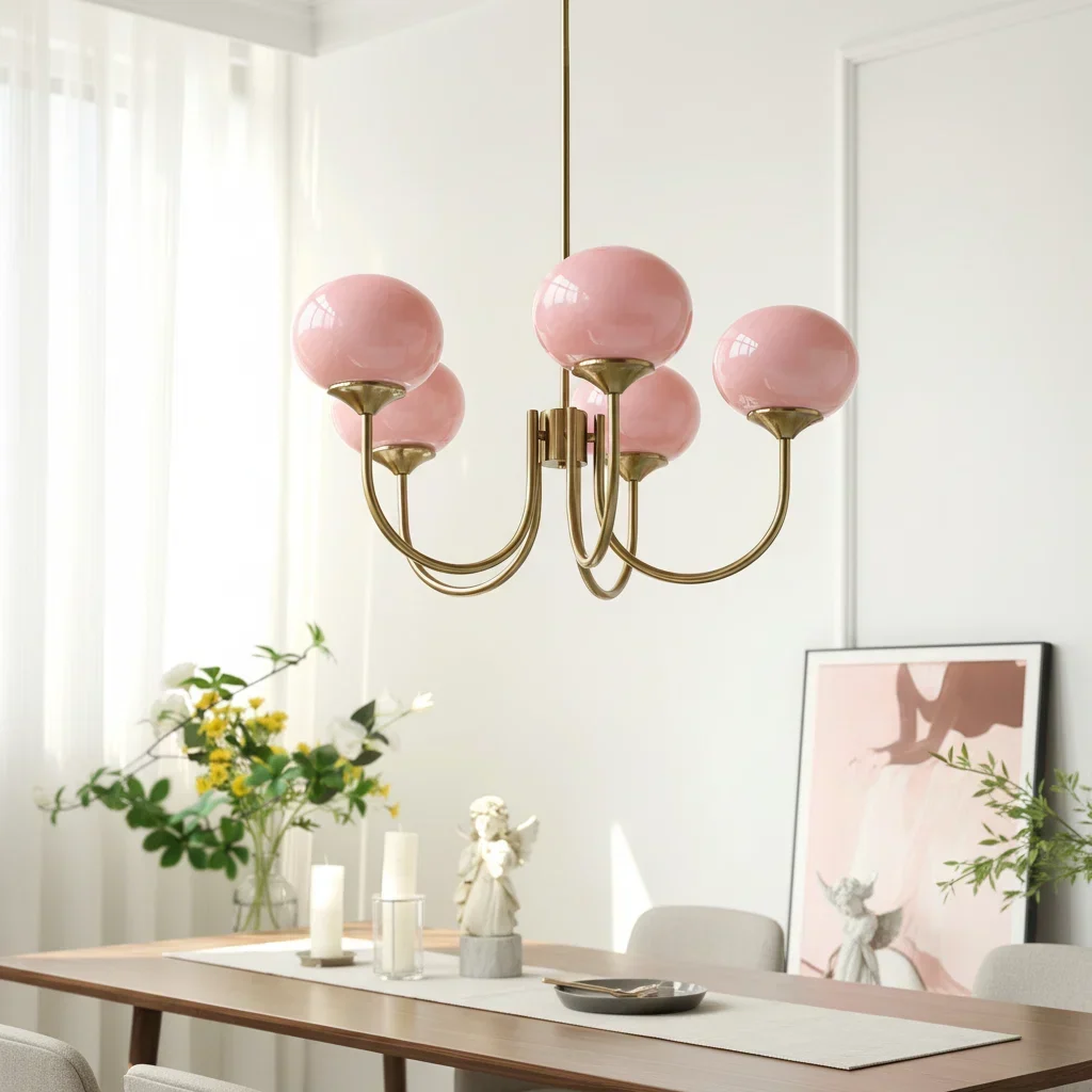 Elegant Pink Glass Ceiling Lamp with Gold Accents