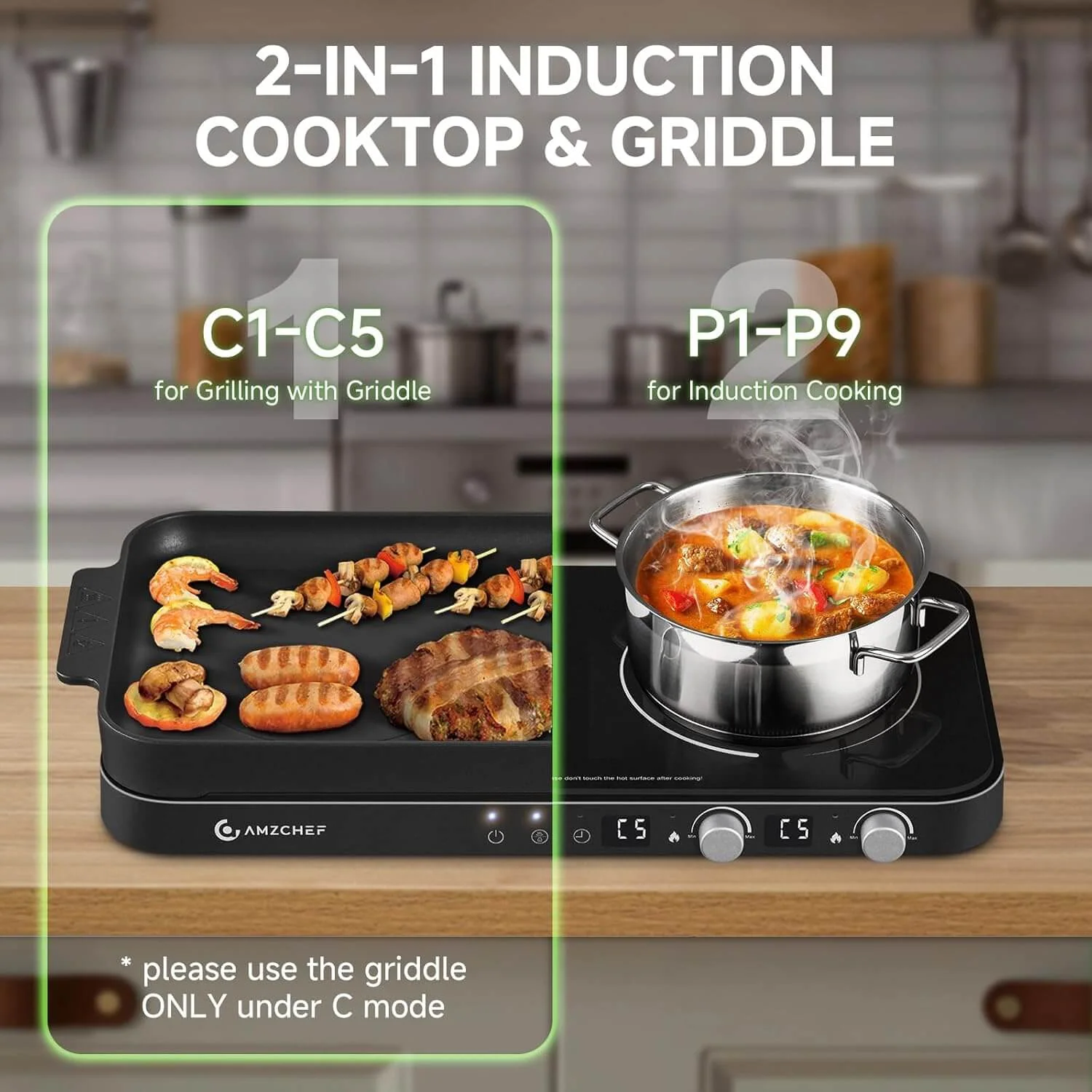 AMZCHEF Double Induction Cooktop with Removable Iron Cast Griddle Pan Black 2