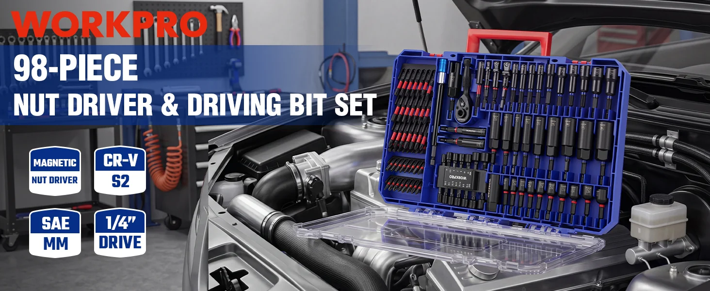 Nut driver and driving bit set in a blue case with red and black bits shown in a workshop engine bay