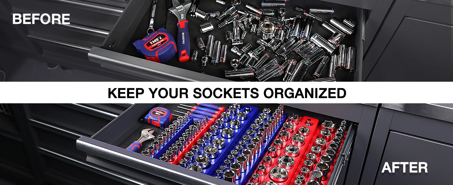 Tool drawer with organized chrome sockets in blue and red trays, showing before and after innovation and quality
