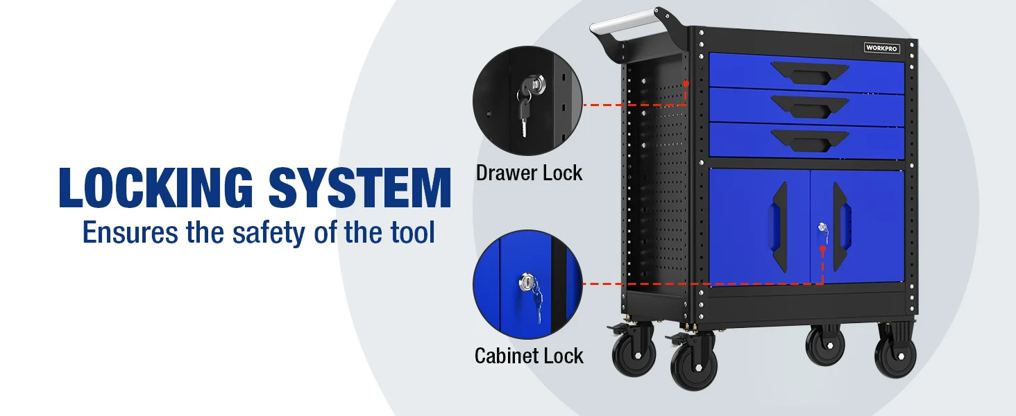 Workbench tool cabinet with locking system, drawer lock and cabinet lock, blue drawers on rolling cart