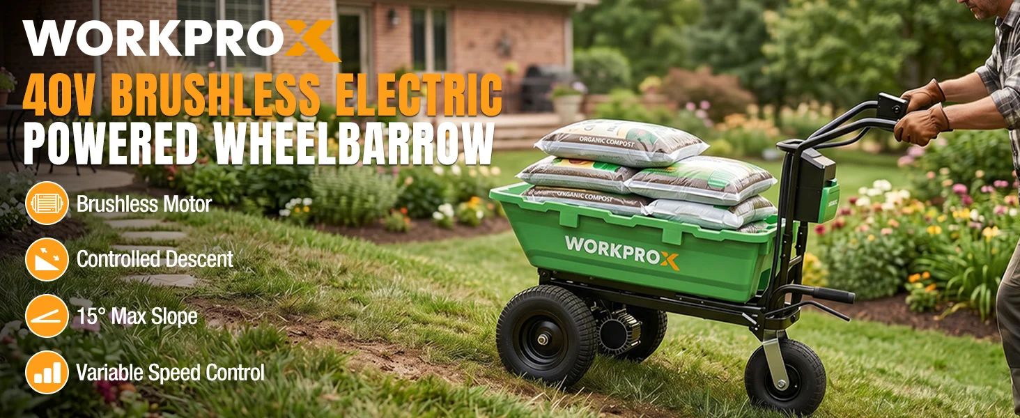Garden electric wheelbarrow with green bin, sacks of compost, and a hand controller in a yard